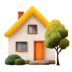Charming cartoon house with a bright orange door and green tree