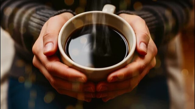 Close Up of Hands Holding a Steaming Cup of Coffee