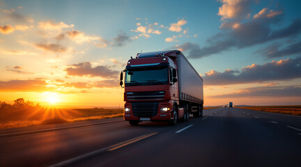 Large semi truck driving on a highway at sunset with dramatic clouds and golden light