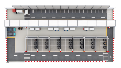 Overhead view of a car service center with bays, tires, and vehicles garage workshop isolated on a transparent background