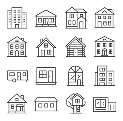Various house icons: minimalist designs of homes and buildings