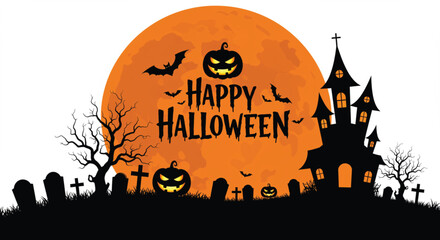 Spooky Halloween Scene with Castle, Moon, and Pumpkins. illustration vector 