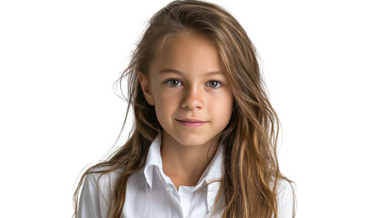 Girl's Gentle Gaze: A portrait captures a young girl with long, flowing hair and a soft smile, her eyes holding a depth of kindness, in a moment of serene reflection.