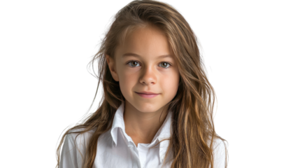 Girl's Gentle Gaze: A portrait captures a young girl with long, flowing hair and a soft smile, her eyes holding a depth of kindness, in a moment of serene reflection.