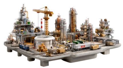 Miniature industrial landscape: A detailed miniature model showcases an industrial landscape, featuring an array of buildings, machinery, and infrastructure. A meticulous.