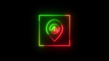 Location map with warning attention sign icon animation glowing neon red and green color alert direction tracking danger pointer place position risk information sign symbol on black background - Powered by Adobe