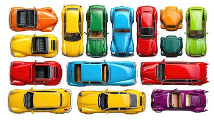 Colorful Cars Array: A vibrant overhead shot showcases a spectrum of colorful cars, each embodying a unique design and aesthetic. This collection offers a dynamic visual treat