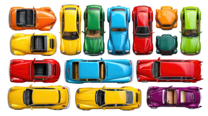 Colorful Cars Array: A vibrant overhead shot showcases a spectrum of colorful cars, each embodying a unique design and aesthetic. This collection offers a dynamic visual treat