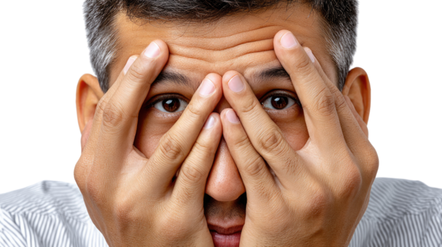 Concealing Expression: A close-up portrait capturing the nuanced emotions of a person, with hands gently concealing the face. A study of introspection and hidden sentiments