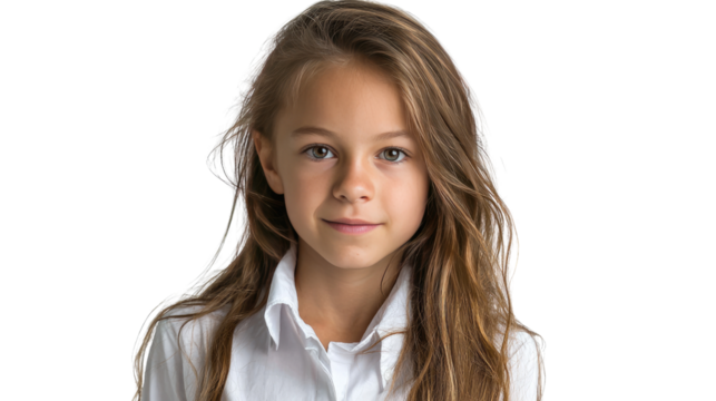 Girl's Gentle Gaze: A portrait captures a young girl with long, flowing hair and a soft smile, her eyes holding a depth of kindness, in a moment of serene reflection. - Powered by Adobe