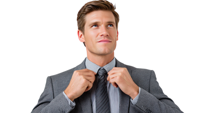 Poised Businessman in Grey Suit: A sophisticated professional in a well-tailored grey suit, radiating confidence, gazes upwards with a focused expression, embodying ambition and forward-thinking.