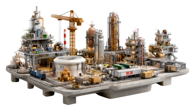 Miniature industrial landscape: A detailed miniature model showcases an industrial landscape, featuring an array of buildings, machinery, and infrastructure. A meticulous.