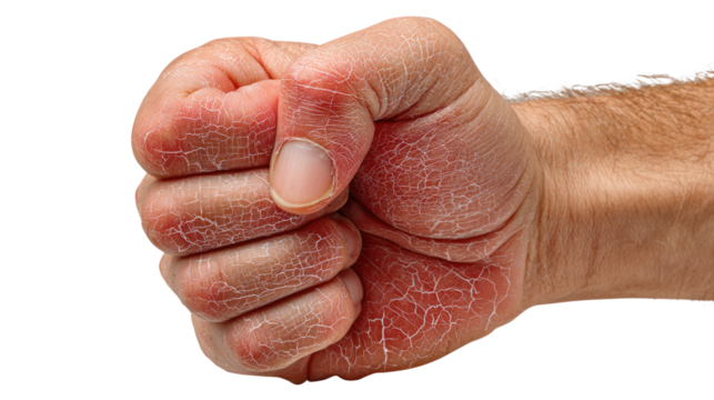 Rough Hand Display: A detailed close-up view showcasing a clenched hand, highlighting textured skin, displaying signs of dryness, emphasizing the tactile sensation of the subject matter. - Powered by Adobe