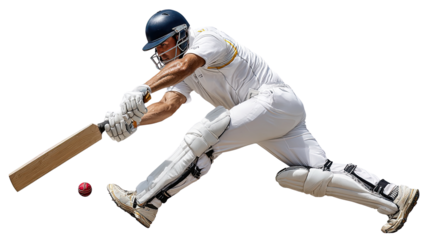 Cricket Batting Action: A cricket player exhibits precision and power in this shot, poised to hit the ball with a sense of determined focus. The essence of the sport is captured with every detail.