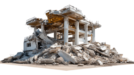 Debris and Destruction: A building reduced to rubble, showcasing the stark reality of demolition and the aftermath of a destructive event.