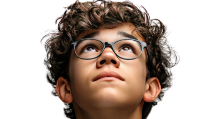 Inquisitive Gaze: A young person wearing glasses gazes upward with curiosity and a thoughtful expression, with a clear background.