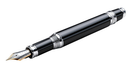 Elegance in Ink: A sleek, high-angle studio shot of a modern fountain pen, showcasing its intricate nib, polished finish, and the embodiment of refined writing.