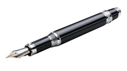Elegance in Ink: A sleek, high-angle studio shot of a modern fountain pen, showcasing its intricate nib, polished finish, and the embodiment of refined writing.