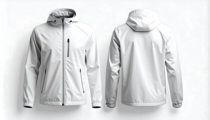 White hooded windbreaker jacket mockup, front and back view. 