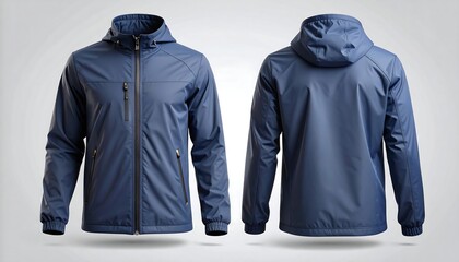 Blue hooded windbreaker jacket template, front and back view isolated on gray background