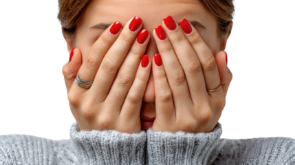 Unveiling Emotion: A close-up shot captures a woman concealing her face with hands, adorned with vibrant red nails, evoking feelings of shame or apprehension.