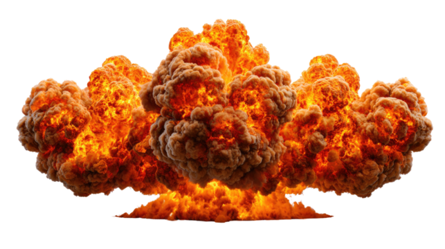 Explosive Intensity: A vivid, large-scale, hyper-realistic explosion dominates the frame, with swirling clouds of fire and smoke captured in exceptional detail.
