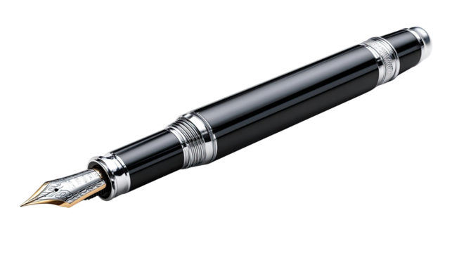 Elegance in Ink: A sleek, high-angle studio shot of a modern fountain pen, showcasing its intricate nib, polished finish, and the embodiment of refined writing.