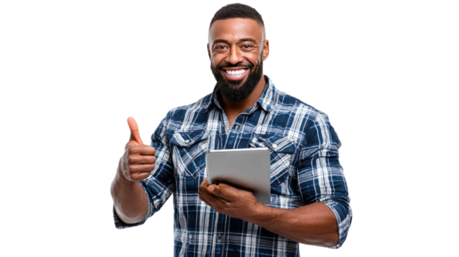 Digital Success: A joyful individual with a tablet and giving a thumbs-up. conveying positivity in a visual metaphor for digital work