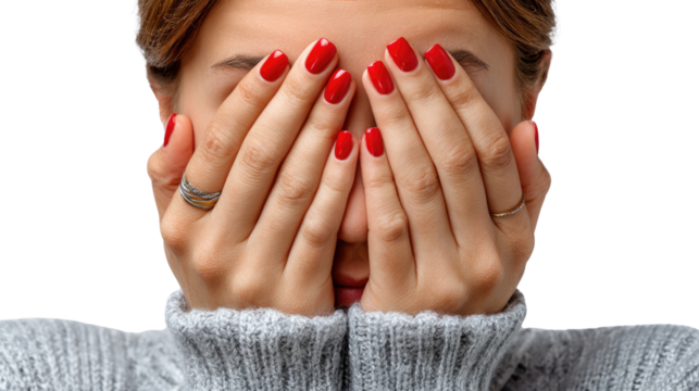 Unveiling Emotion: A close-up shot captures a woman concealing her face with hands, adorned with vibrant red nails, evoking feelings of shame or apprehension.