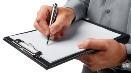 Hand holding clipboard with pen : Capturing focus, and the precise moment of professional note-taking with a pen on a clipboard