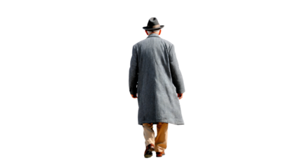 The Walking Silhouette: A solitary figure, cloaked in a vintage overcoat and a fedora, strides purposefully forward, embodying an aura of quiet contemplation.