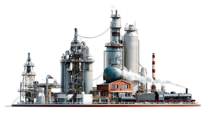 Industrial Marvel: A sprawling industrial plant complex, a symbol of innovation, featuring intricate machinery, silos, pipelines, and towering smokestacks.
