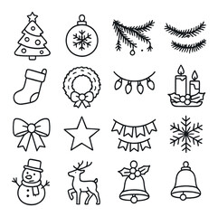 Black and white christmas icon set with tree, candle, and snowflake designs