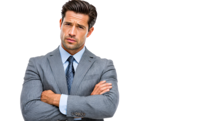 Concerned Entrepreneur: A formally dressed entrepreneur stands with folded arms, in a professional pose expressing concern and determination.