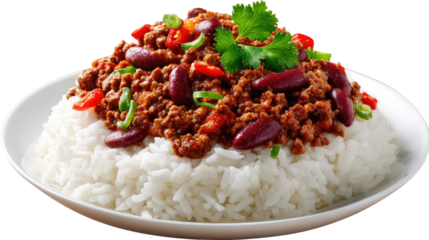 Savory Delight: A culinary masterpiece, chili con carne, a flavorful blend of ground meat, kidney beans, and vibrant spices, crowns a bed of fluffy, tender rice.
