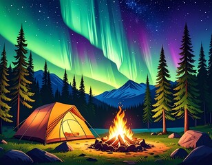 A serene campsite under the colorful northern lights, featuring a glowing campfire and surrounded by tall trees.