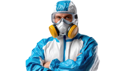 Protective Suit of Safety: A determined professional wearing a protective suit and mask against potential hazards, an embodiment of safety, expertise, and responsibility.