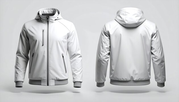 Blank white hooded jacket mockup. Front and back view isolated on a grey background.