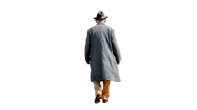 The Walking Silhouette: A solitary figure, cloaked in a vintage overcoat and a fedora, strides purposefully forward, embodying an aura of quiet contemplation.