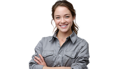Confident Beauty: A portrait of a young woman with an open smile, emanating confidence and approachability in a studio setting, showcasing a relaxed and natural pose.