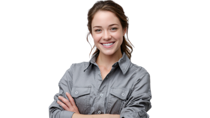 Confident Beauty: A portrait of a young woman with an open smile, emanating confidence and approachability in a studio setting, showcasing a relaxed and natural pose.