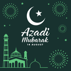 "Pakistan Independence Day Night Vector with Fireworks, Landmarks, and Urdu Typography"