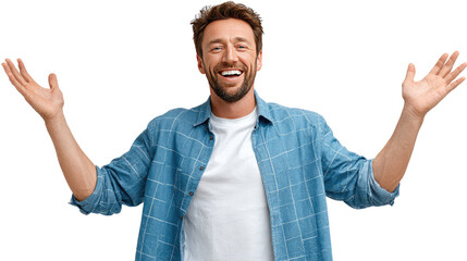 Joyful Surprise: A man expresses delight with open arms, capturing a moment of pure happiness and excitement.