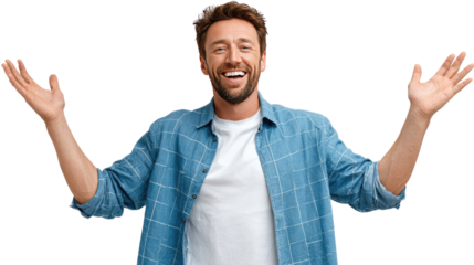 Joyful Surprise: A man expresses delight with open arms, capturing a moment of pure happiness and excitement.