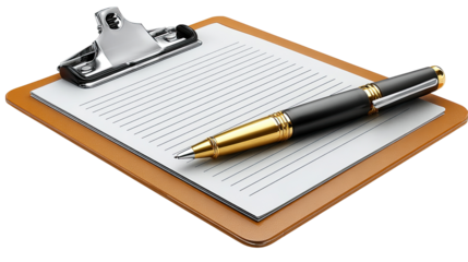 Clipboard and Pen: An overhead shot presents a crisp white paper on a wooden clipboard, accompanied by a stylish pen. The scene conveys organization and precision.
