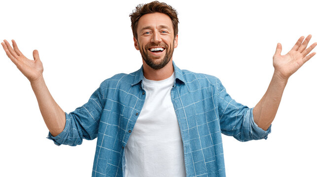Joyful Surprise: A man expresses delight with open arms, capturing a moment of pure happiness and excitement.