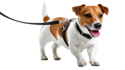 Dog on a Walk: A spirited Jack Russell Terrier, its expressive face alight with excitement, embarks on a walk. The dog is on a lead, creating a harmonious blend of control and freedom.