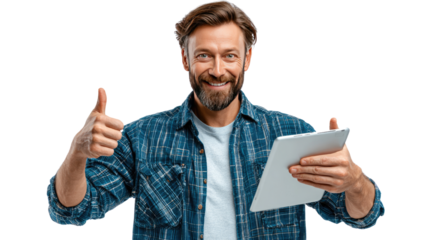 Digital Approval: A content, happy man, giving a thumbs up and holding a digital tablet. The scene shows a confident expression, a sign of approval, and successful engagement with technology.
