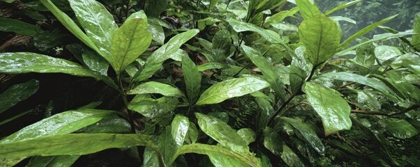 A close up shot of lush green foliage with water droplets glistening on the leaves in a natural setting