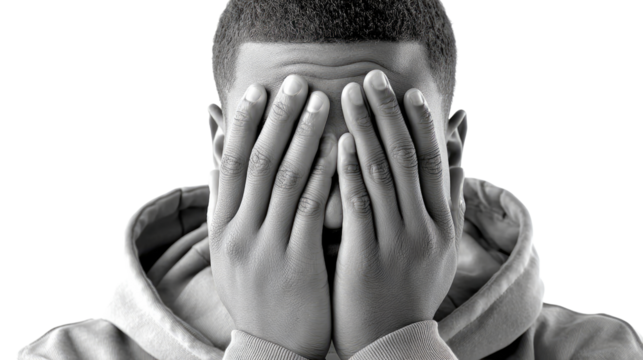 Concealed Emotions: A monochrome portrait of a person, lost in their emotions, shrouding their face with hands, revealing a poignant moment of vulnerability and introspection.